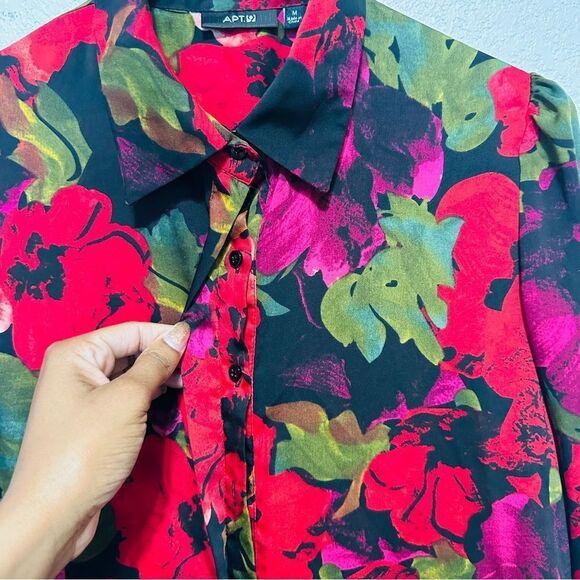 90s Red Black Floral Blouse - Oversized Poppy Print - Dark Winter Floral - M - Picture 4 of 9